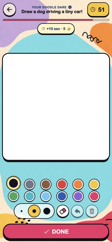 Doodle Dare drawing canvas with twelve colors, brushes, eraser, extra time, timer, and prompt